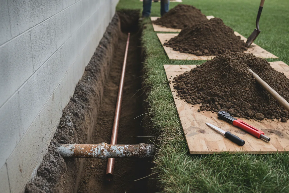 Excavated water line trench during Water Heater Repair in Zebulon